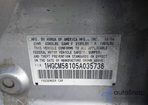 2005 Honda Accord 2.4 Dx/Dx Vp from USA, damaged, VIN 1HGCM56105A035736